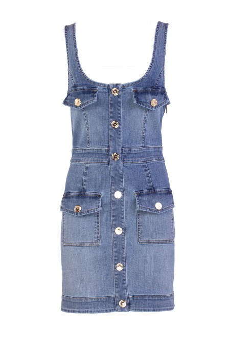 Shop ELISABETTA FRANCHI  Dress: Elisabetta Franchi denim minidress with buttoning.
Madonna collar.
Fake buttoning in the front.
Pockets with golden metal buttons.
Zip on the side.
Composition: 98% Cotton, 2% Elastane.
Made in Italy.. AJ36S41E2-192